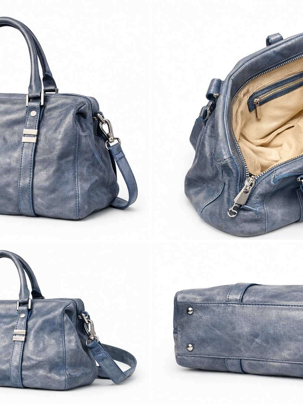 Rachel Zoe Distressed Blue Leather Satchel with Removable Strap